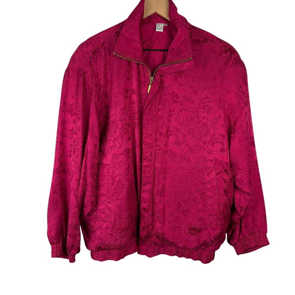 coAco Vintage Silk Bomber Jacket Women M Pink Vintage Floral Jacquard Full Zip
